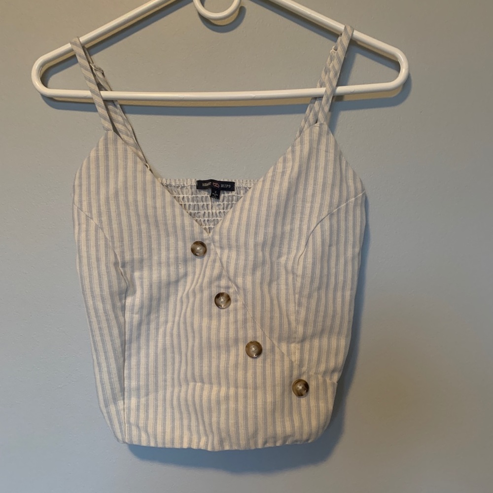Heart & Hips blue/cream tank top w/marble buttons